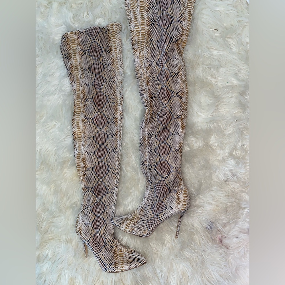 Snake print thigh high heels